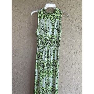 New Mode Women’s  Lime Green Black Floral Long Dress 2 Front Slits Medium Tie